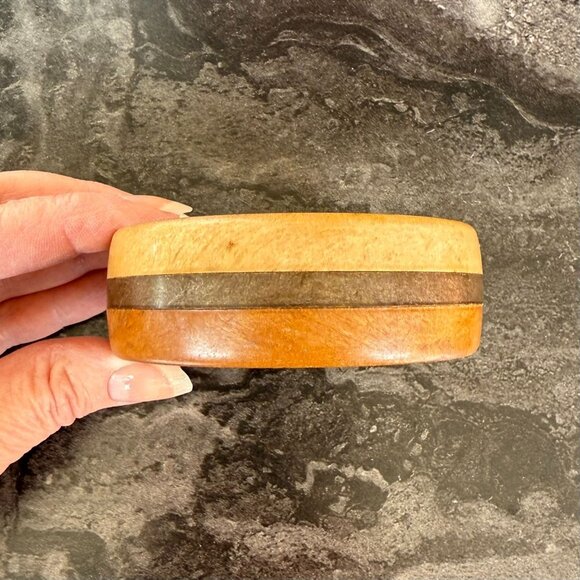 Handcrafted Wooden Bangle Bracelet With Natural Finish and Dark Accent Band Boho - Picture 8 of 8